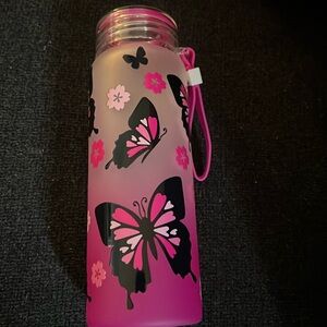 Pink floral/ butterfly glass thermos with rubber strap NWOT